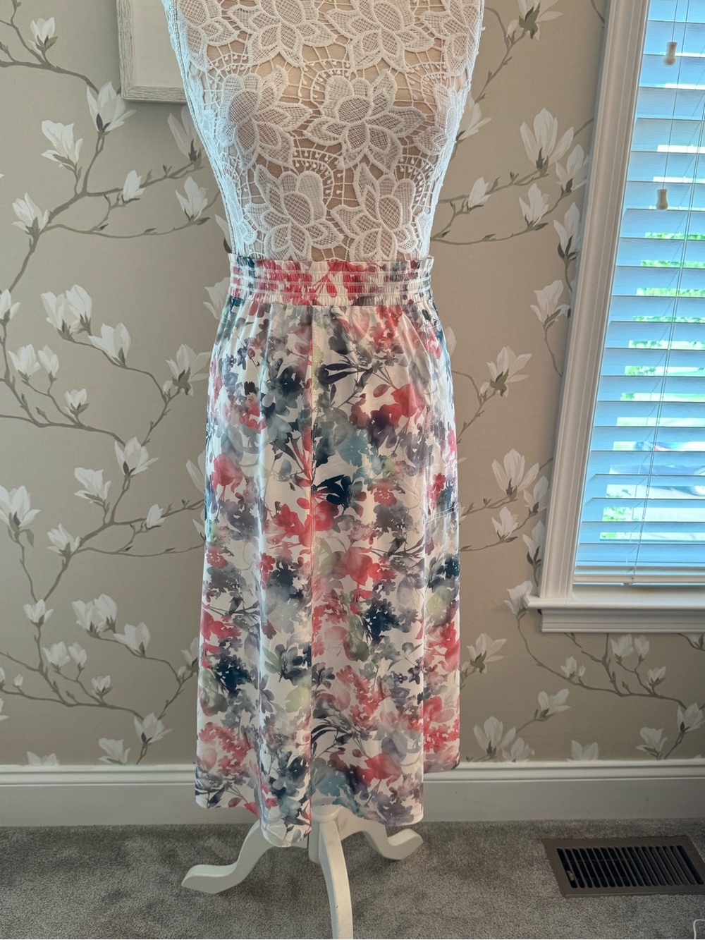 Athleta White Midi Skirt with Coral, Blue & Gray Watercolor Floral
